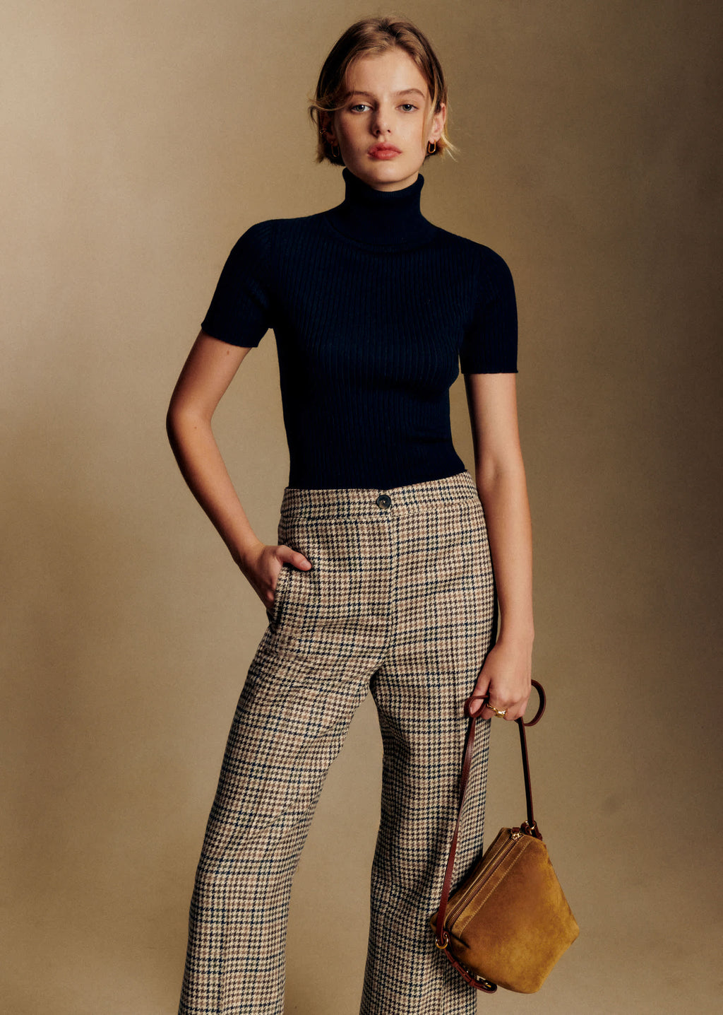 Pantalon Martin Crop - Pied de Poule Creme Kaki Brun Jaune