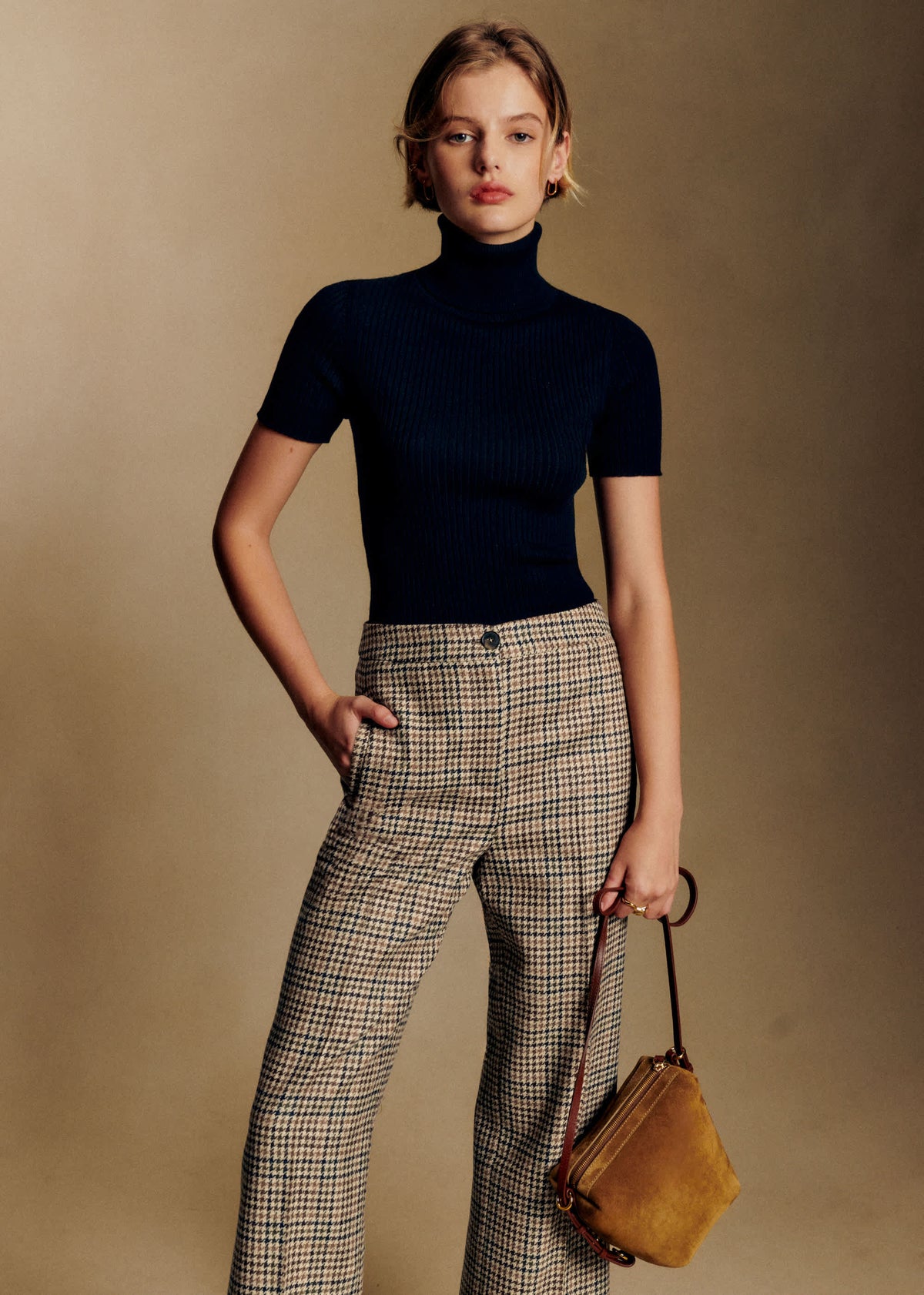 Pantalon Martin Crop - Pied de Poule Creme Kaki Brun Jaune
