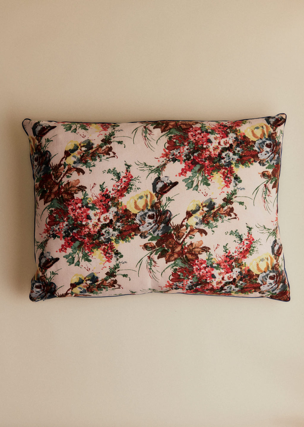 Coussin vintage velours bleu - Très grand modèle - Imprimé Branches Multico