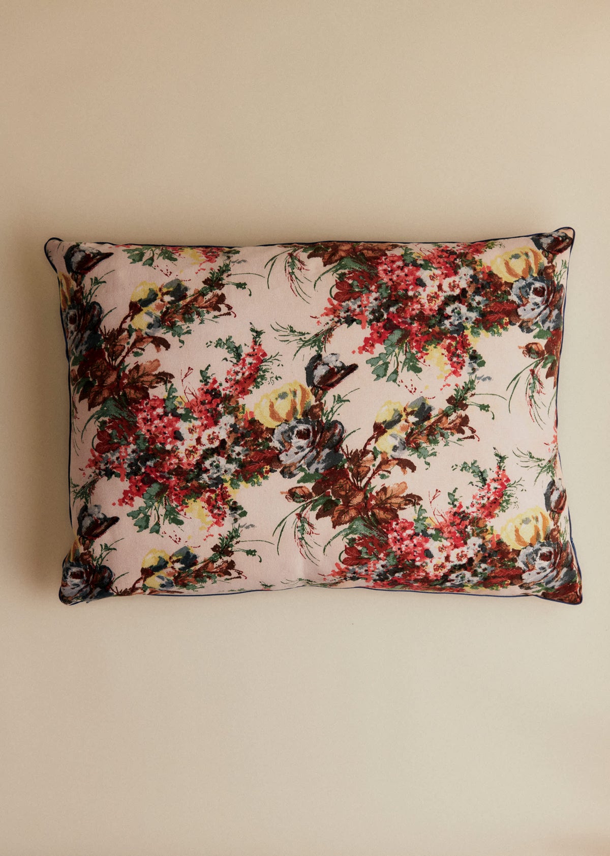 Coussin vintage velours bleu - Très grand modèle - Imprimé Branches Multico