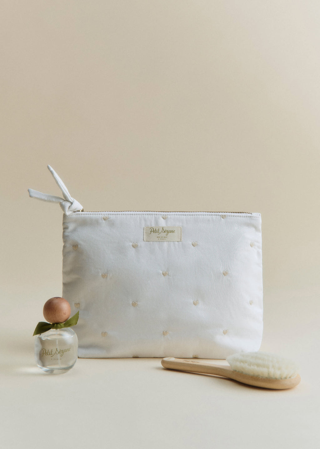 Trousse de toilette zippée - Blanc Broderie Coeur Beige