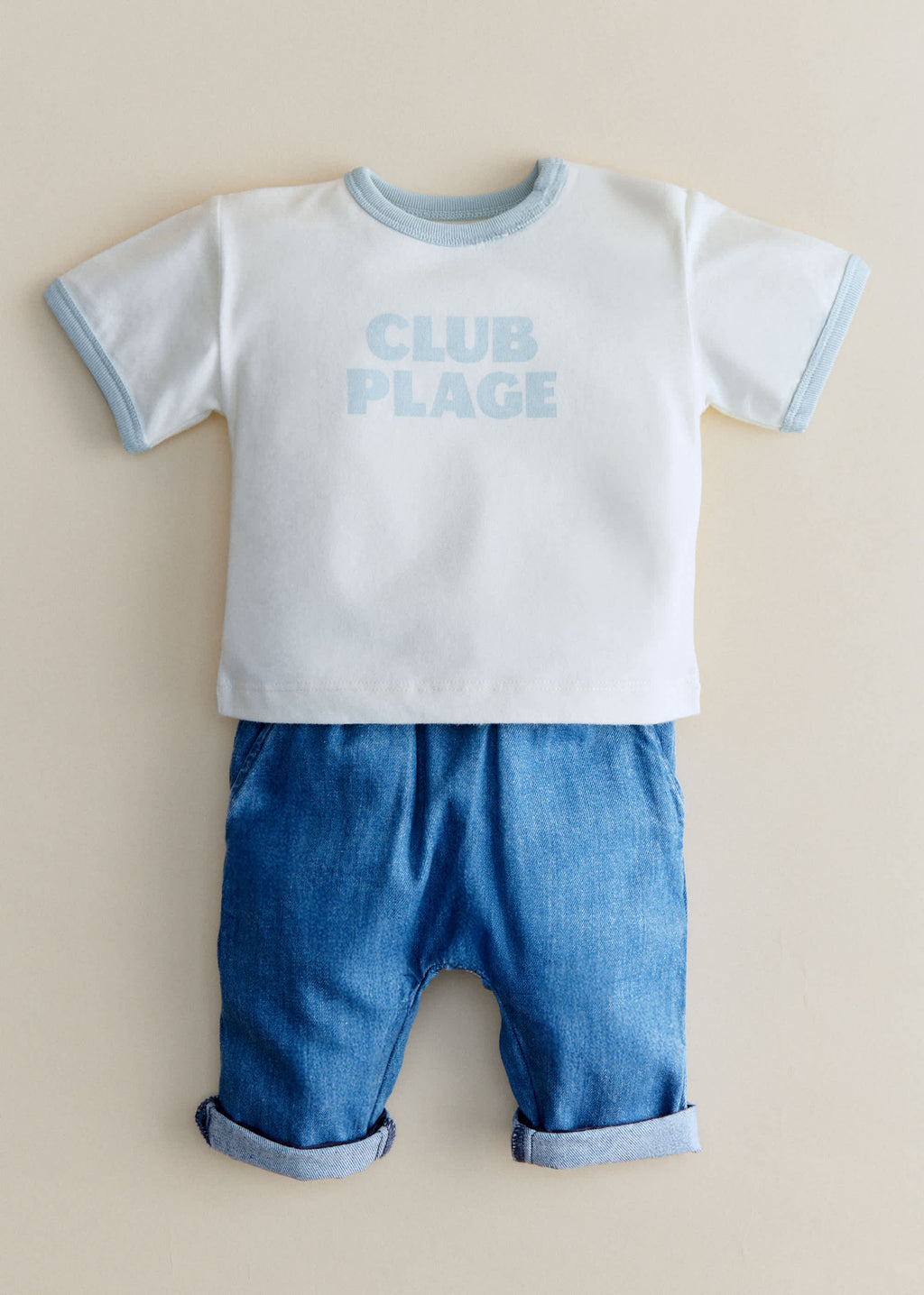 T-Shirt Club Plage - Ecru / Bleu ciel
