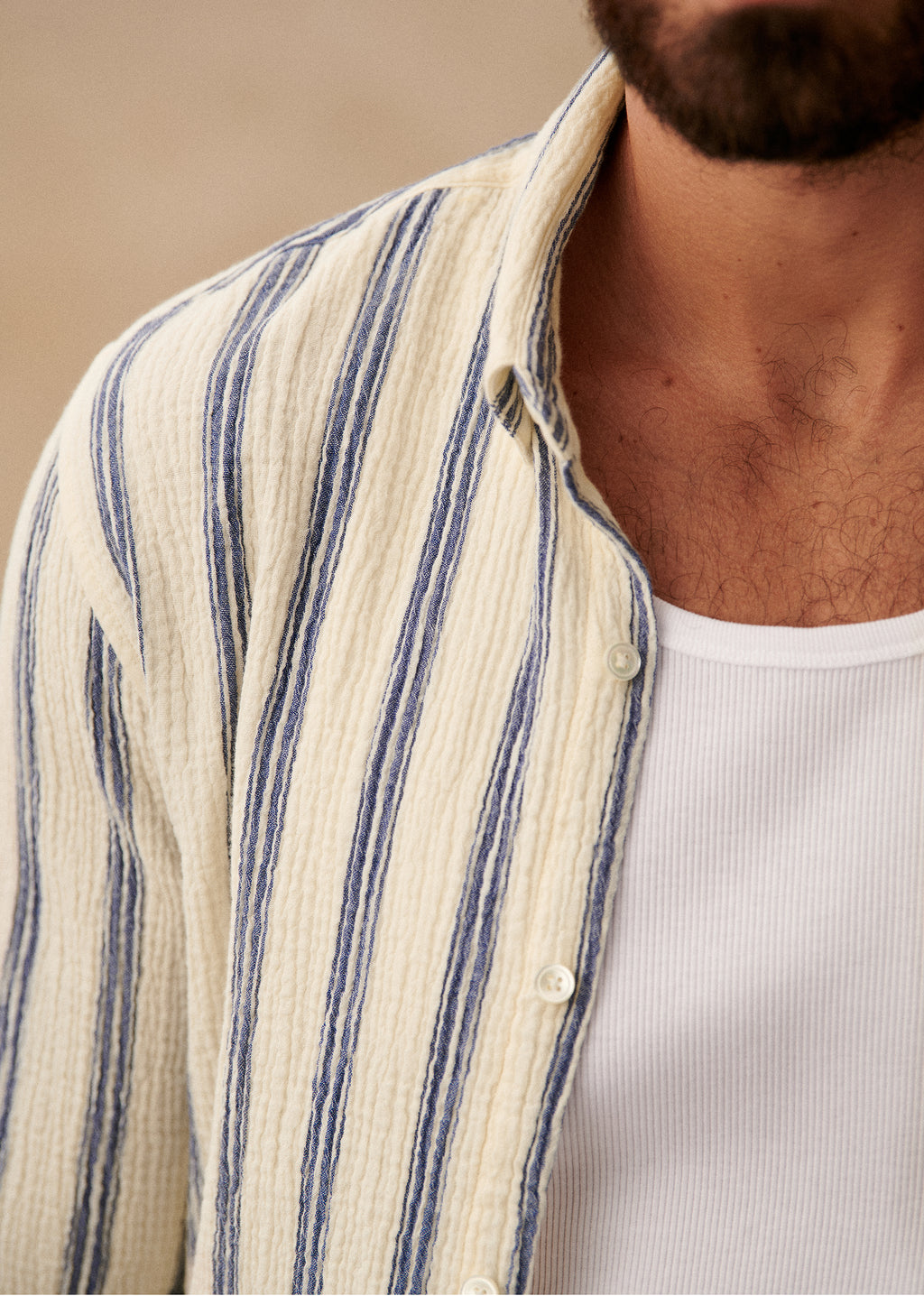 Chemise Charlie Coton Léger - Écru Rayures Bleues