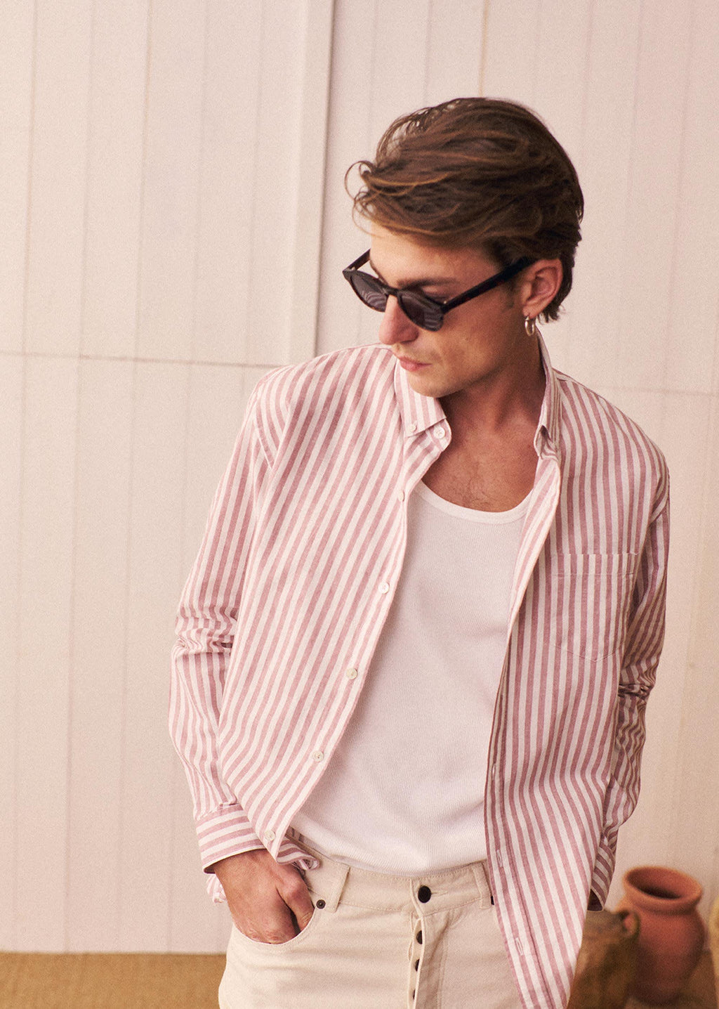 Chemise Charlie Coton Lin - Rayures Rose Ancien / Blanc
