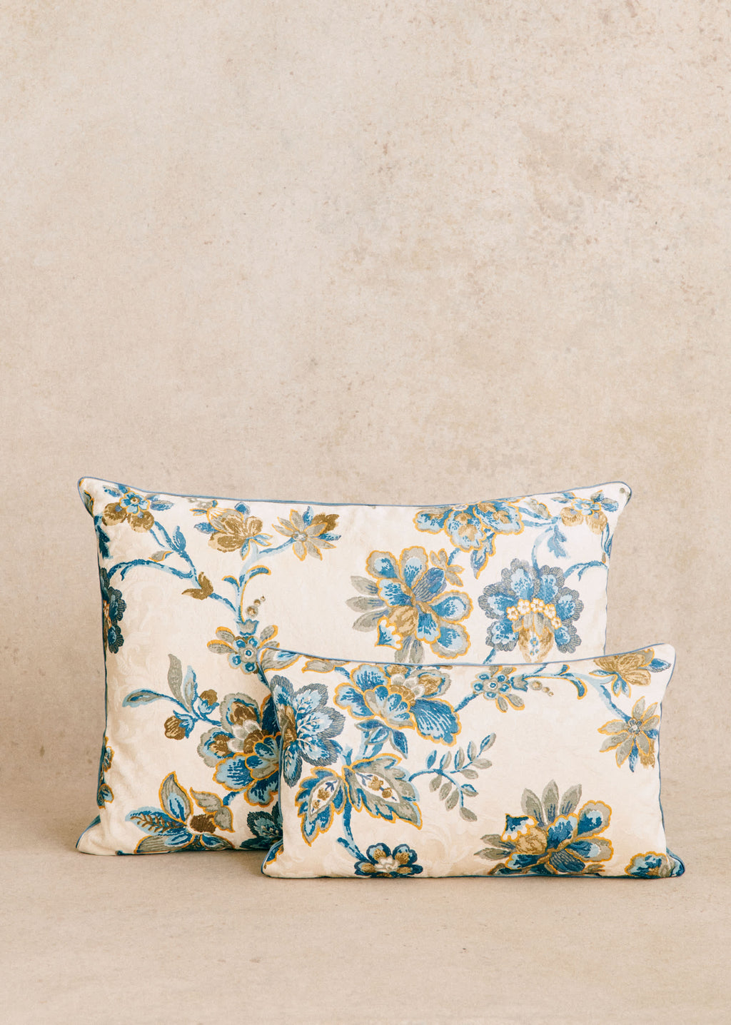 Coussin vintage velours bleu - Très grand modèle - Imprimé feuillage bleu