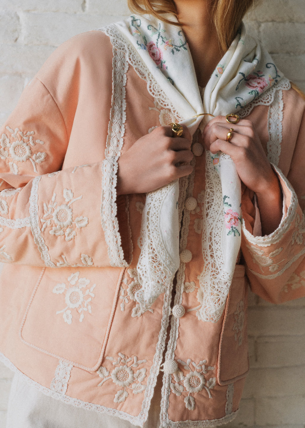 Veste Dakota - Sézane x SEA NY - Broderie Contrastée Écru Fond Rose Pastel