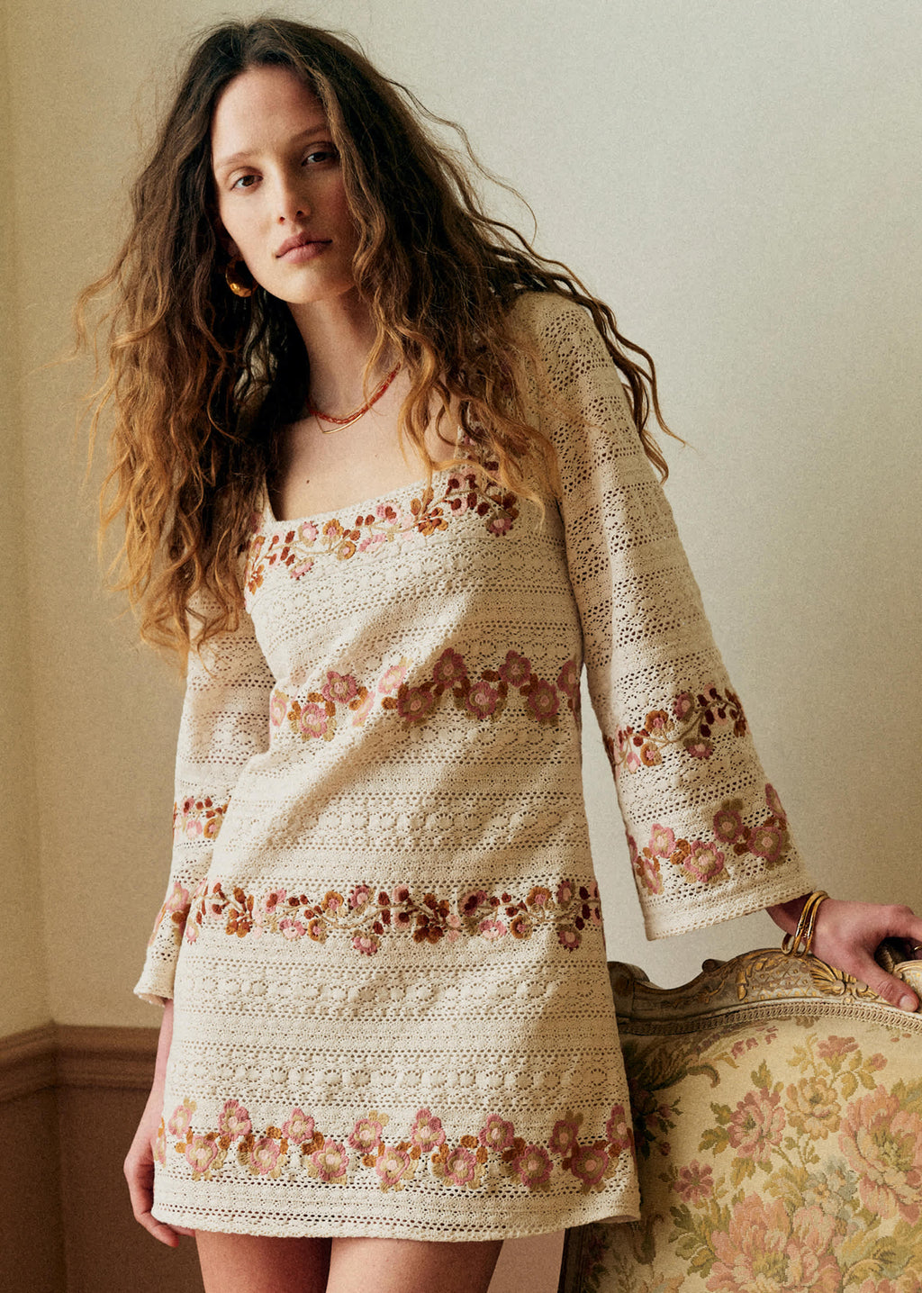 Robe Doma - Guipure Contrastée Fleurs Fond Écru