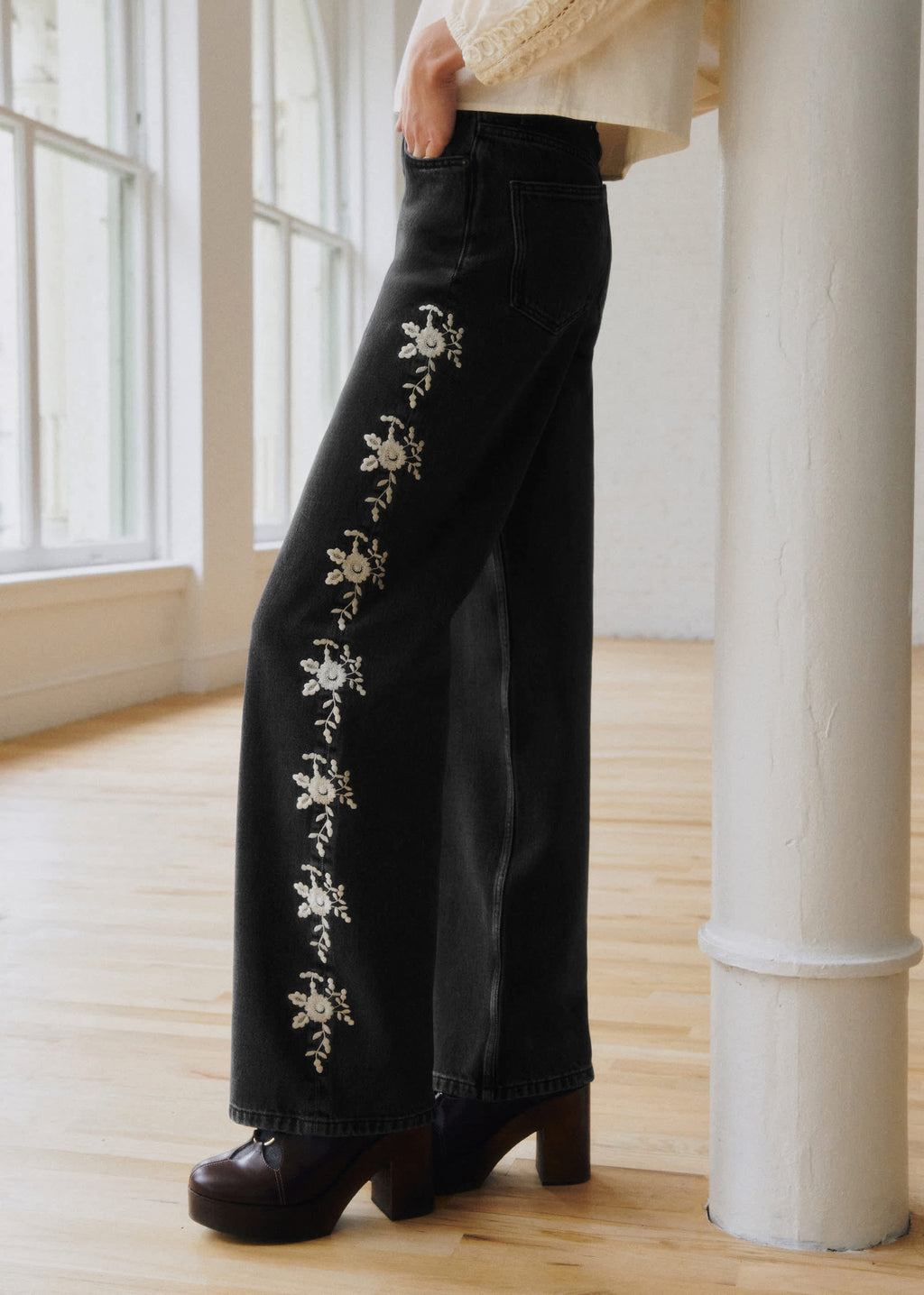 Pantalon Valentin - Sézane x SEA NY - Broderie Écru Fond Gris