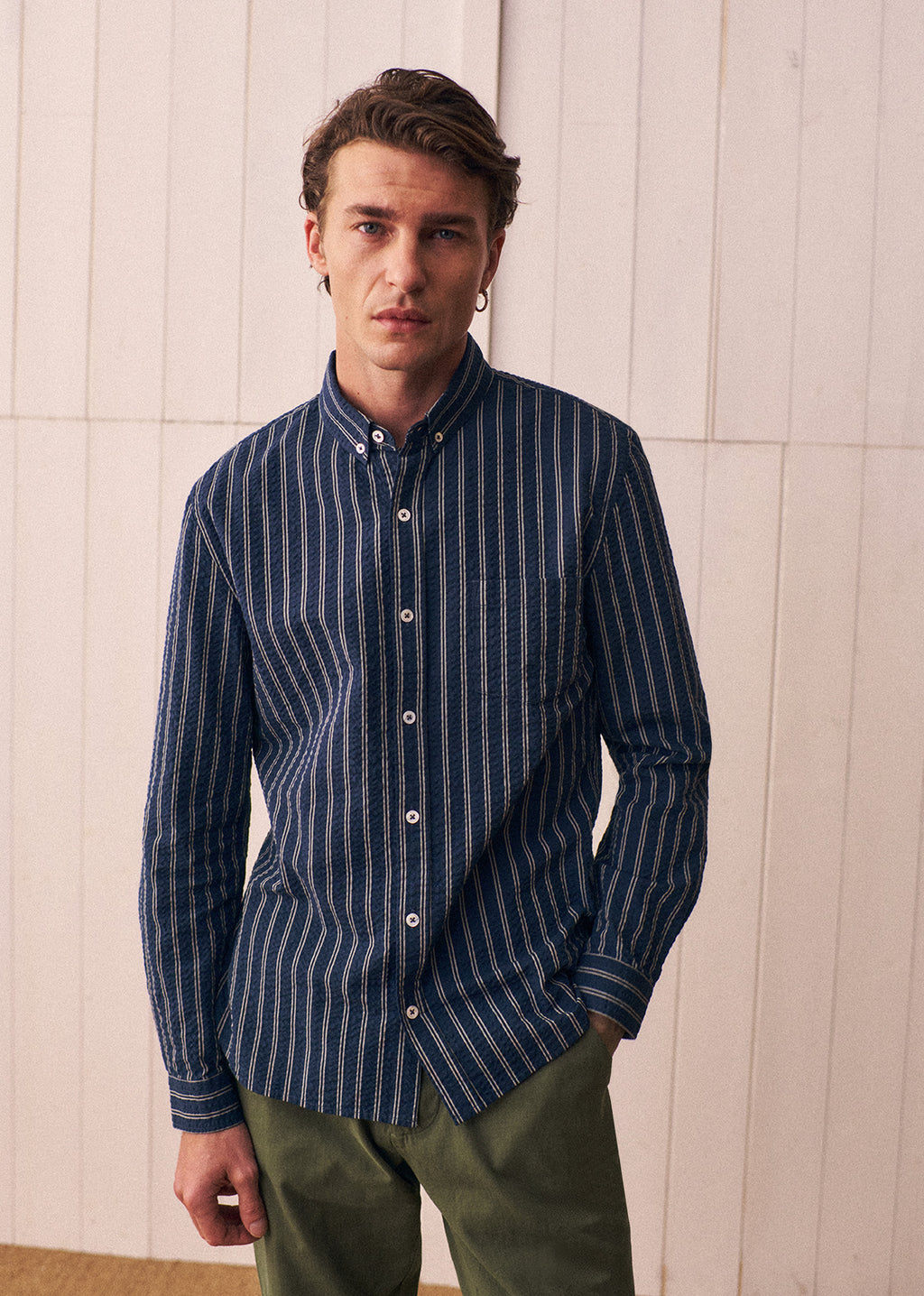 Chemise Charlie Seersucker - Marine Rayures Blanches