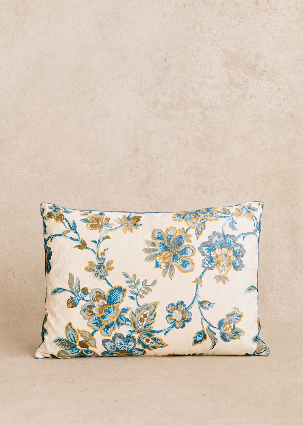 Coussin vintage velours bleu - Très grand modèle - Imprimé feuillage bleu