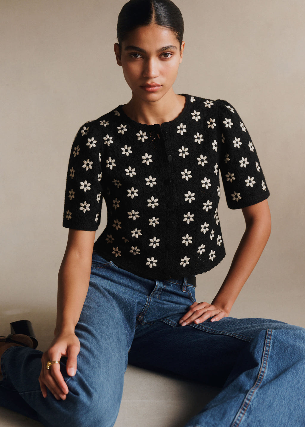 Chemise Lorna - Guipure Contrastée Noir Fleur Écru