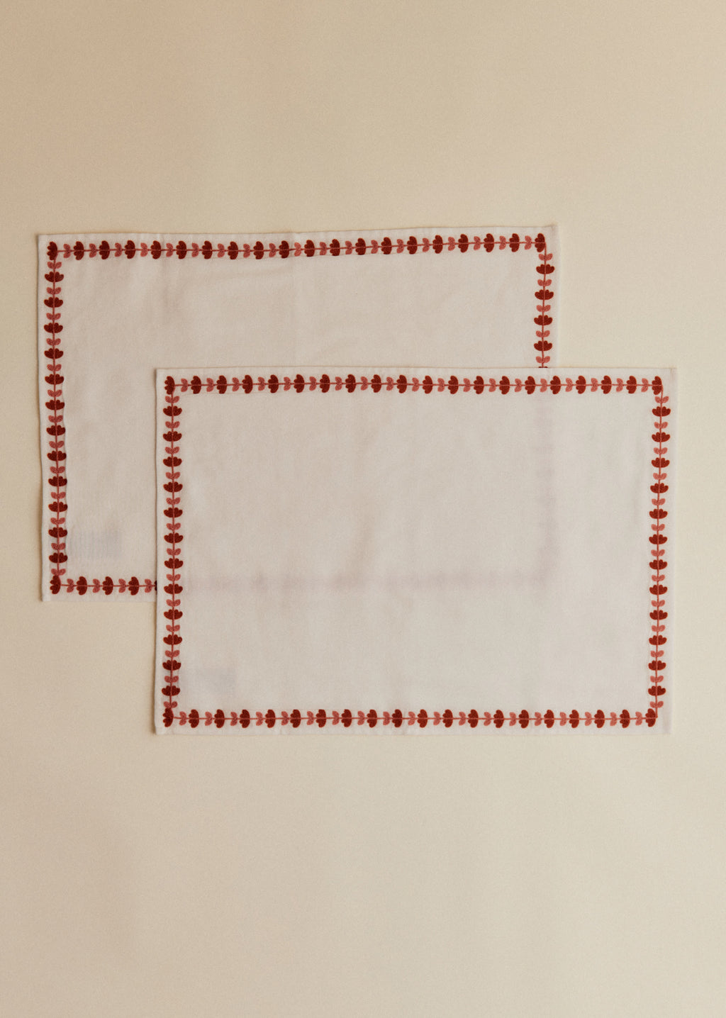 Set de 2 serviettes brodées - Liseré floral - Blush et Caramel