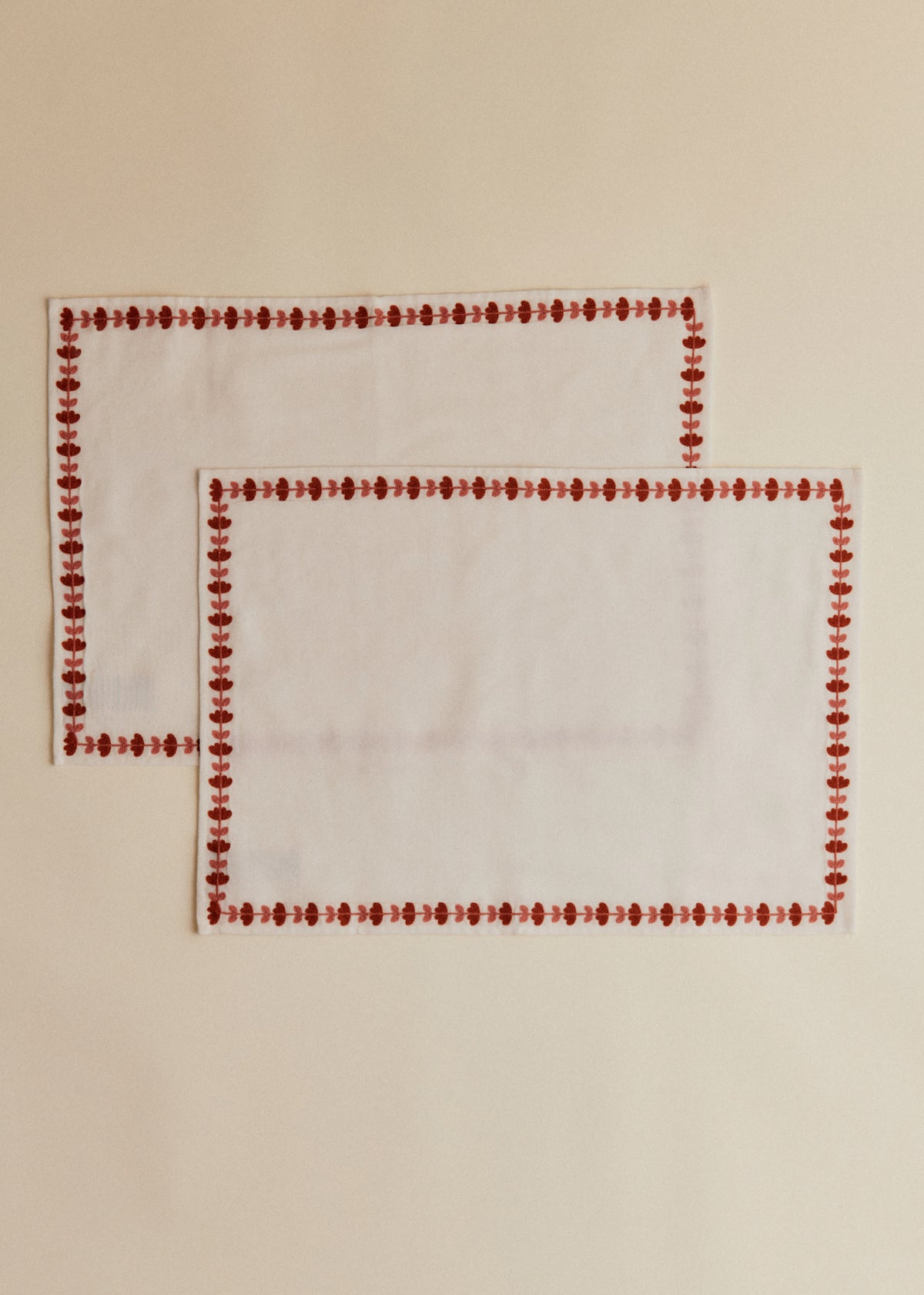 Set de 2 serviettes brodées - Liseré floral - Blush et Caramel