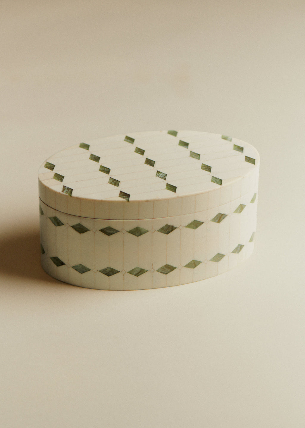 Boîte ovale - Losange Ecru et Vert