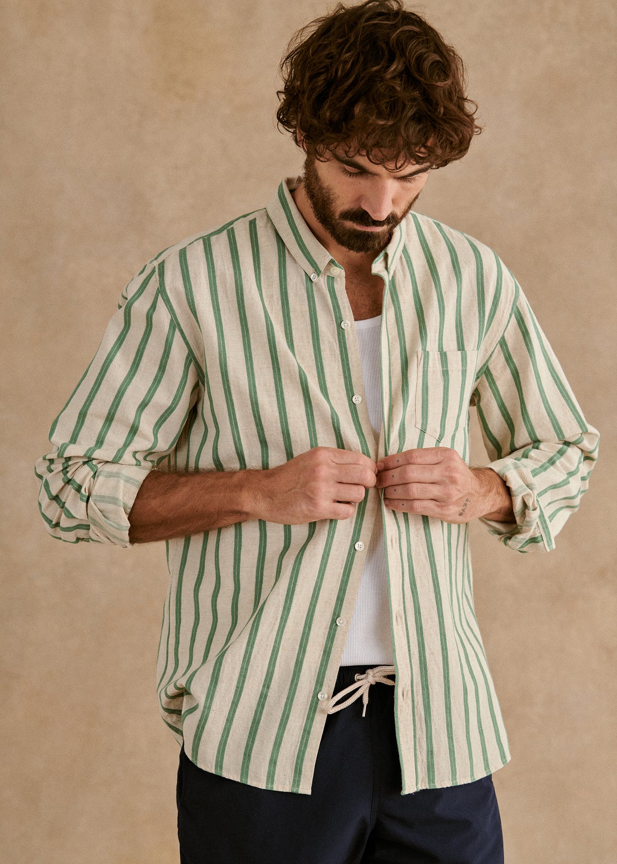 Chemise Charlie Coton Lin - Écru Rayures Vertes